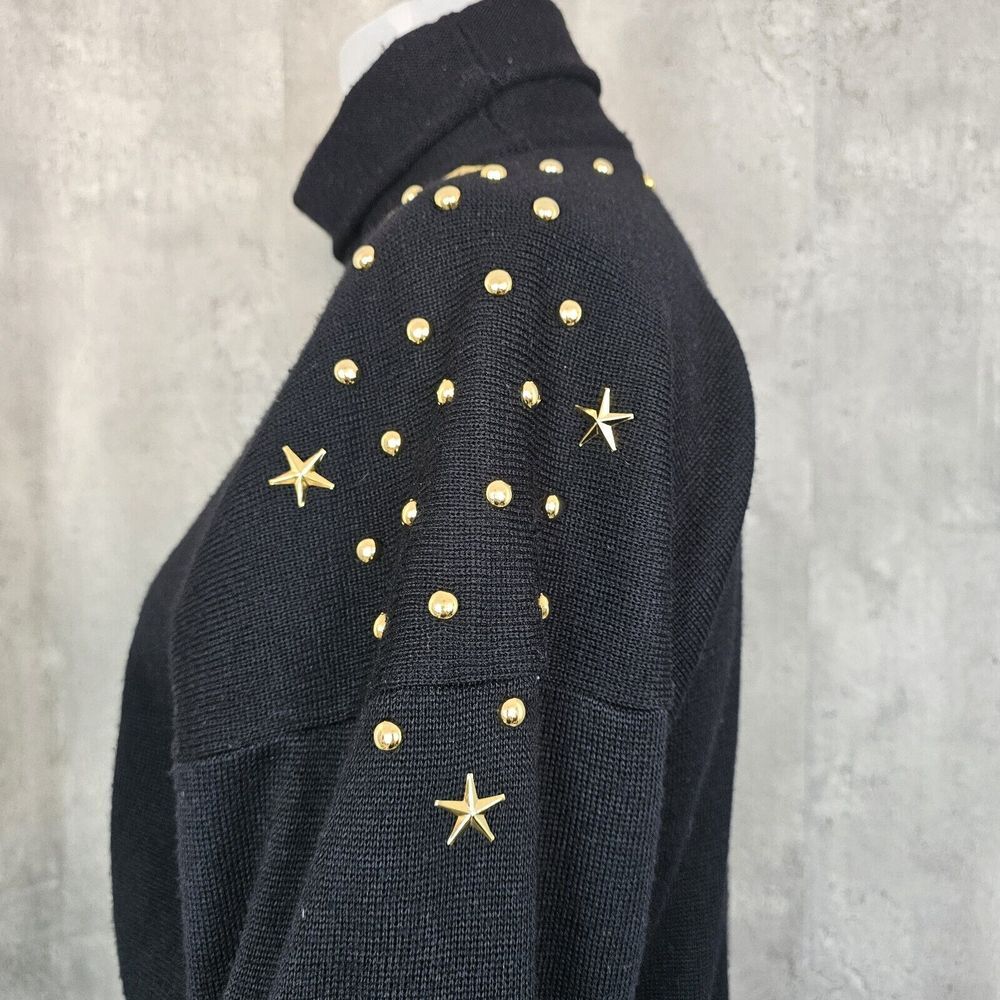Vintage 80s Meister Womens M Black Knit Turtleneck Sweater Brass Studded Detail - Picture 5 of 8